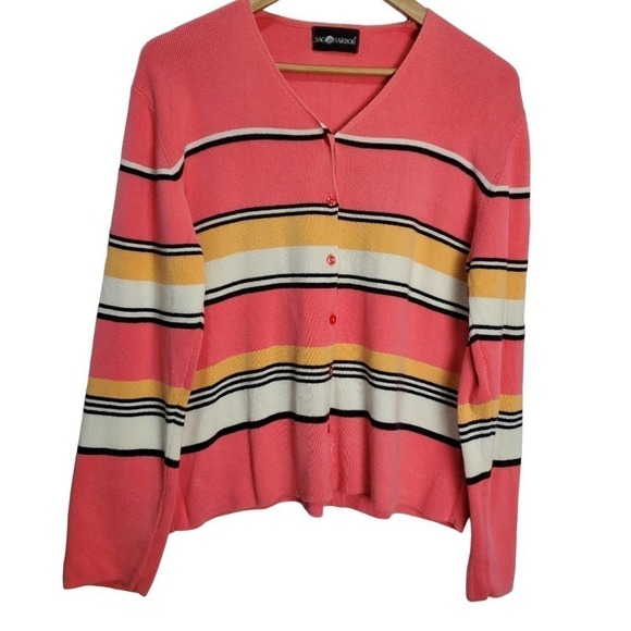 Sag Harbor Cardigan Womens XL Pink Striped V-Neck Knit Button Sweater Y2K 90s - Picture 1 of 7